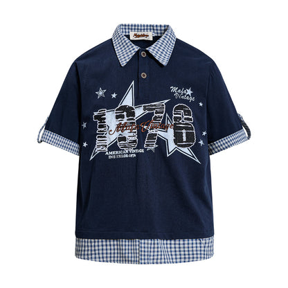 Star letter printed short sleeved polo t-shirt for men | MuddyStock Originals Navy Blue