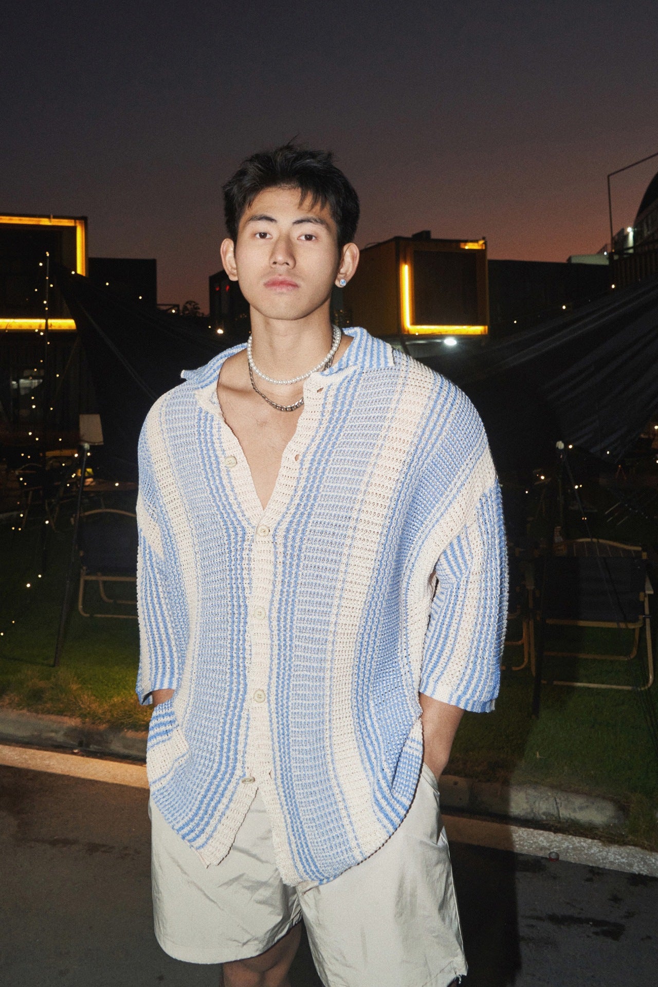 Loose casual lapel thin hollow knit shirt for men | MuddyStock Originals Blue MuddyStock