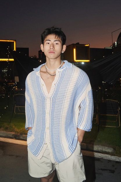 Loose casual lapel thin hollow knit shirt for men | MuddyStock Originals Blue MuddyStock