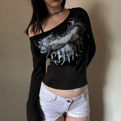 Pattern print off shoulder basic top for women MuddyStock