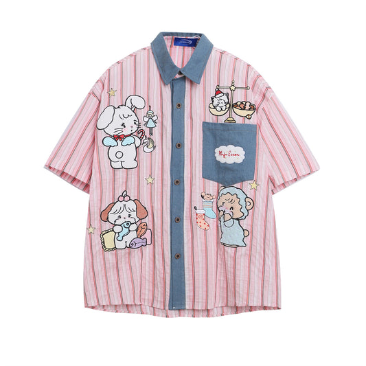 Cartoon Embroidery Patchwork Denim Design Short Sleeve Shirt Unisex Loose Casual Blouse