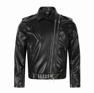 Double Zipper Textured Rock Stand Collar Short PU Leather Jacket for Men | MuddyStock Originals Black