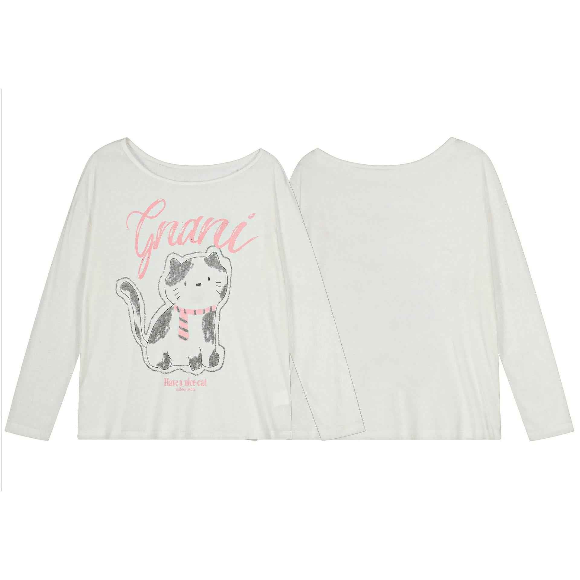 Cute cartoon cat printed slanted shoulder long sleeved T-shirt for women | MuddyStock Originals eprolo