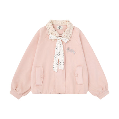 Women's Short Jacket with Lace Trim Collar and Polka Dot Design | MuddyStock Originals Pink