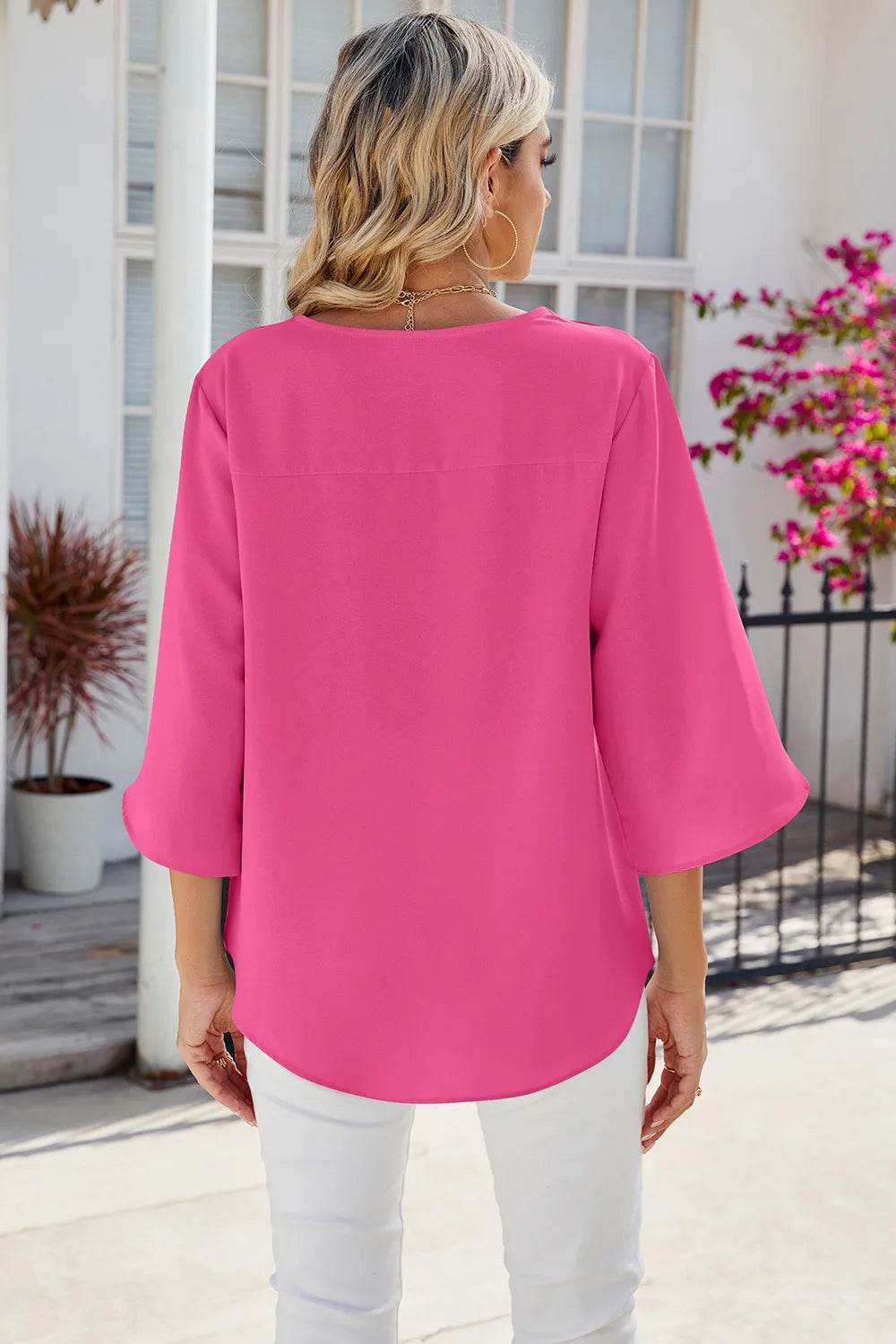 Solid color V-neck mid sleeved loose chiffon women's top | MuddyStock Originals MuddyStock