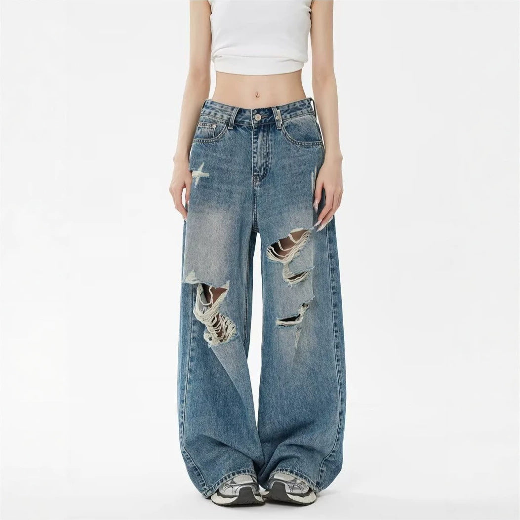 Vintage Blue Ripped Washed Denim Pants For Women | MuddyStock Originals