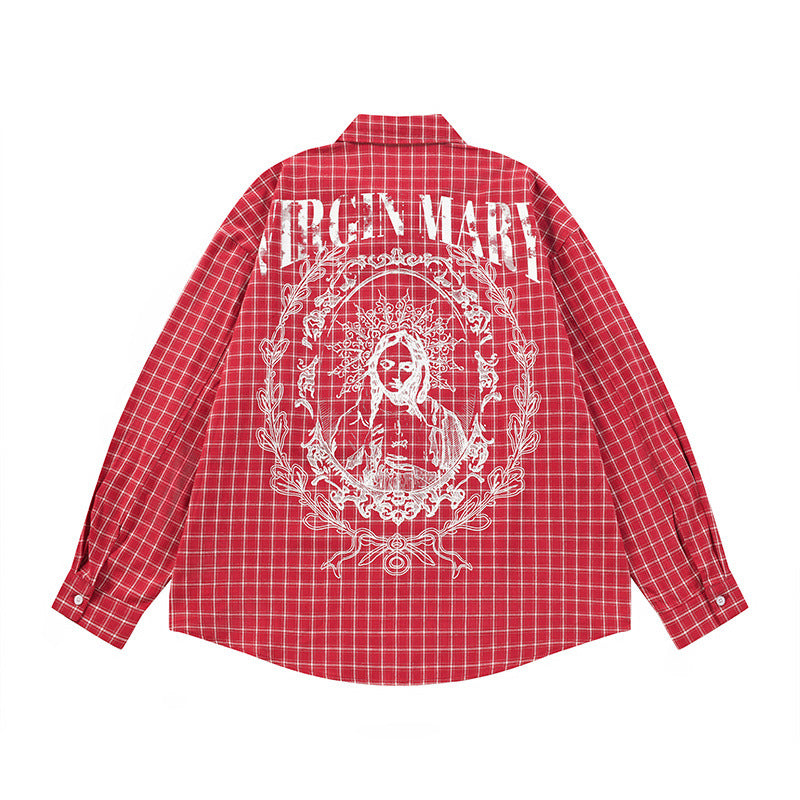 Men's Hip-hop Portrait Plaid Long Sleeve Turn-down Collar Shirt