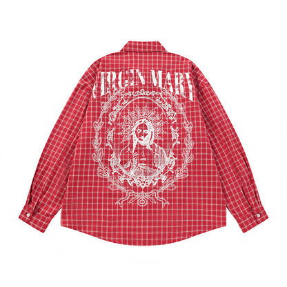 Men's Hip-hop Portrait Plaid Long Sleeve Turn-down Collar Shirt