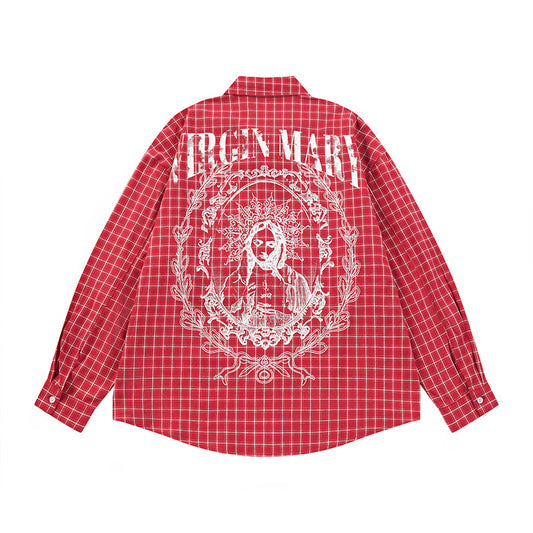 Men's Hip-hop Portrait Plaid Long Sleeve Turn-down Collar Shirt