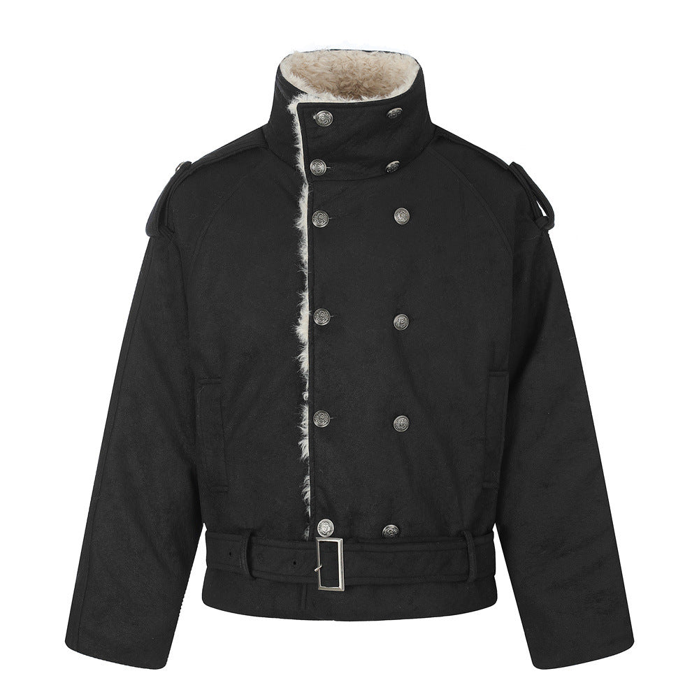 Double-Breasted Stand Collar Belted Relaxed Fit Men's Cotton Jacket