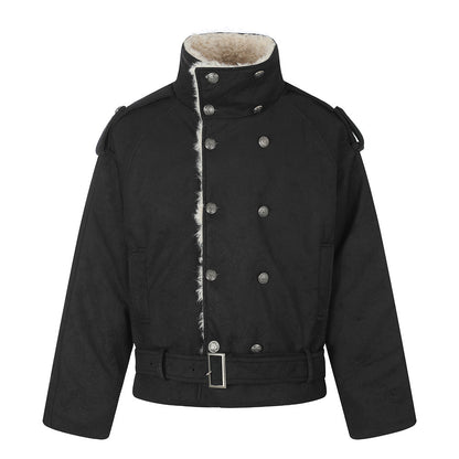 Double-Breasted Stand Collar Belted Relaxed Fit Men's Cotton Jacket