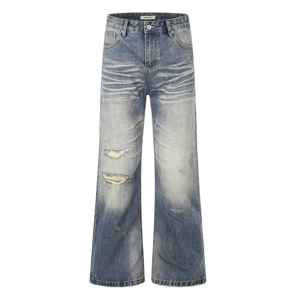 Whitewashed ripped denim micro pull pants Washed Blue