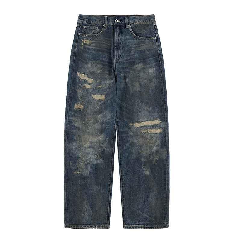 Men's High-End Distressed and Slashed Design Straight Jeans | MuddyStock Originals Blue