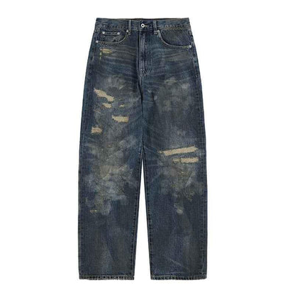Men's High-End Distressed and Slashed Design Straight Jeans | MuddyStock Originals Blue