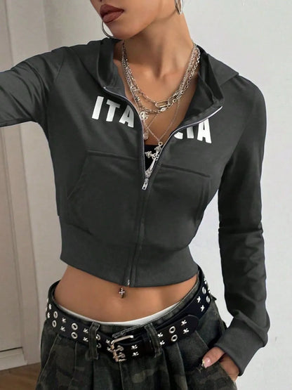 Letter Graphic Zip Up Long Sleeve Hoodie For Women | MuddyStock Originals MuddyStock