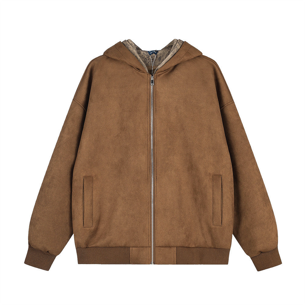 Punk Casual Leopard Print Spliced Double Zipper Hooded Loose Fit Men's Jacket Brown