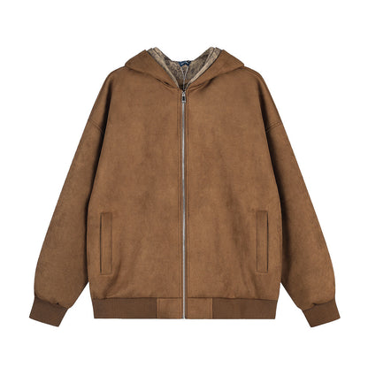 Punk Casual Leopard Print Spliced Double Zipper Hooded Loose Fit Men's Jacket Brown