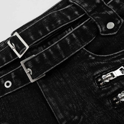 Double Belt Zipper Design Low Waist Denim Shorts For Women | MuddyStock Originals