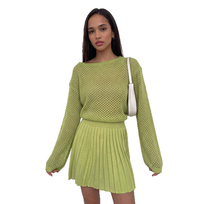 Hollow-out Knit Two-Piece Set Women Relaxed Sweater Pleated Mini Skirt