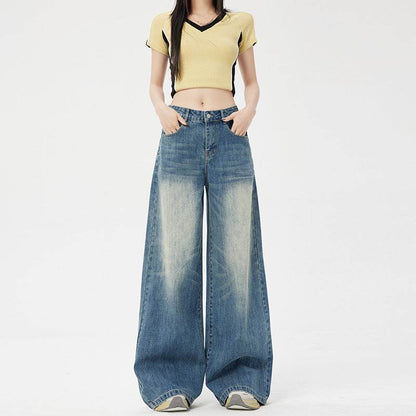Women's Washed Vintage Blue Draped Loose High-Waist Wide-Leg Jeans Blue # Extended Length eprolo