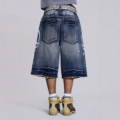 High Street Denim Shorts Jaded Same Style Totem Print Ripped Wide Leg Pants Loose Three-Quarter Pants Trendy