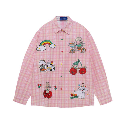 Retro Cartoon Plaid Long Sleeve Shirt For Women eprolo