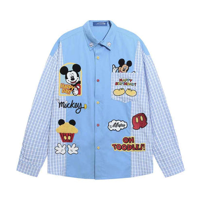 Cartoon Mickey plaid Long sleeved Shirt For Women | MuddyStock Originals Blue