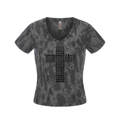 Distressed Leopard Print V-Neck Short Sleeve T-Shirt Top For Women | MuddyStock Originals Black Gray