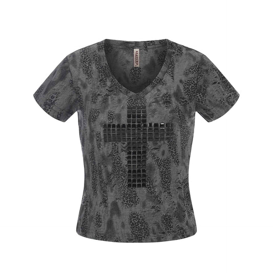 Distressed Leopard Print V-Neck Short Sleeve T-Shirt Top For Women | MuddyStock Originals Black Gray