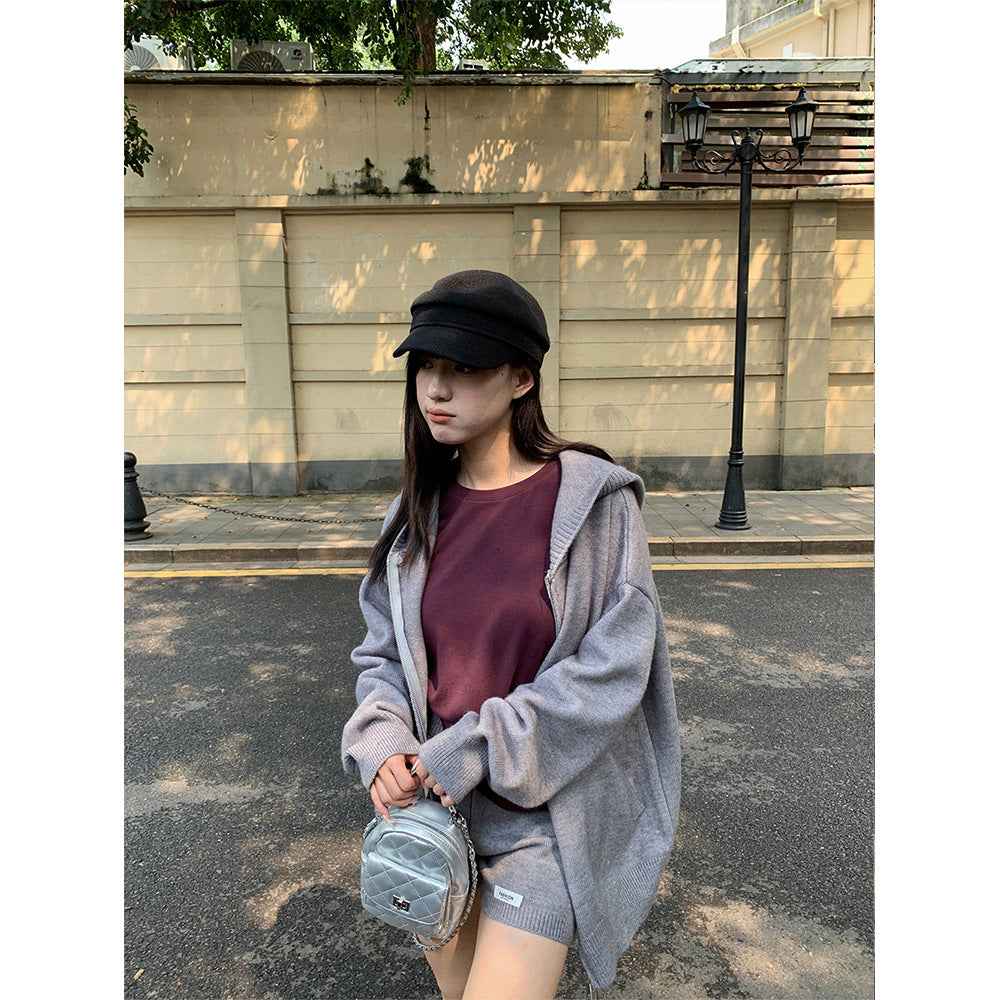 Casual Knitted Set with Long Sleeve Cardigan and Shorts for Women | MuddyStock Originals Gray One Size