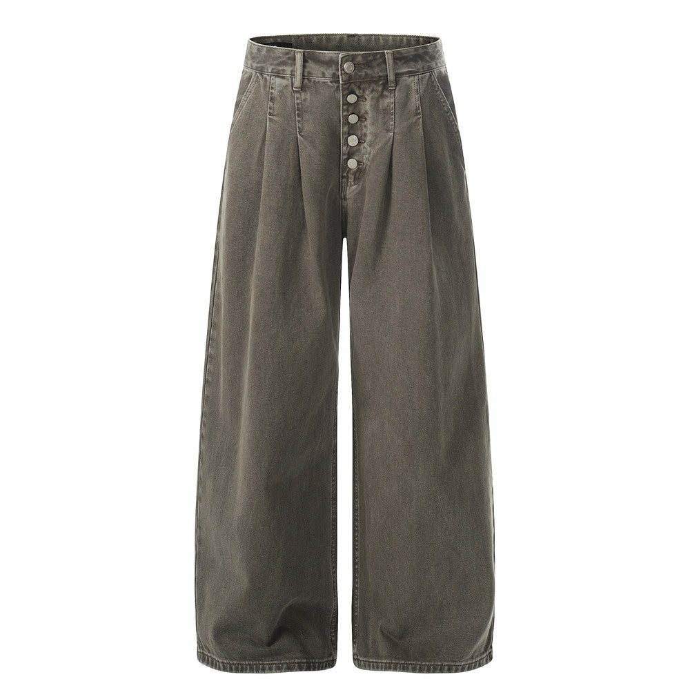 Loose wide leg washed distressed jeans for men | MuddyStock Originals Brown
