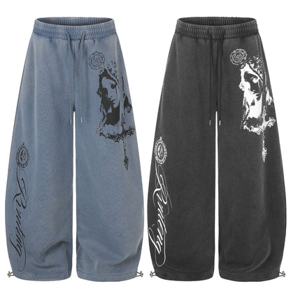 American High Street Washed Portrait Print Wide Leg Casual Sweatpants For Women | MuddyStock Origoinals