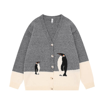 Cartoon contrasting penguin sweater for women | MuddyStock Originals Gray