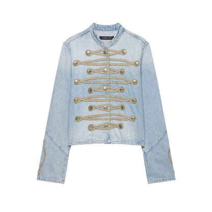Casual knot button decoration stand collar denim jacket for women | MuddyStock Originals