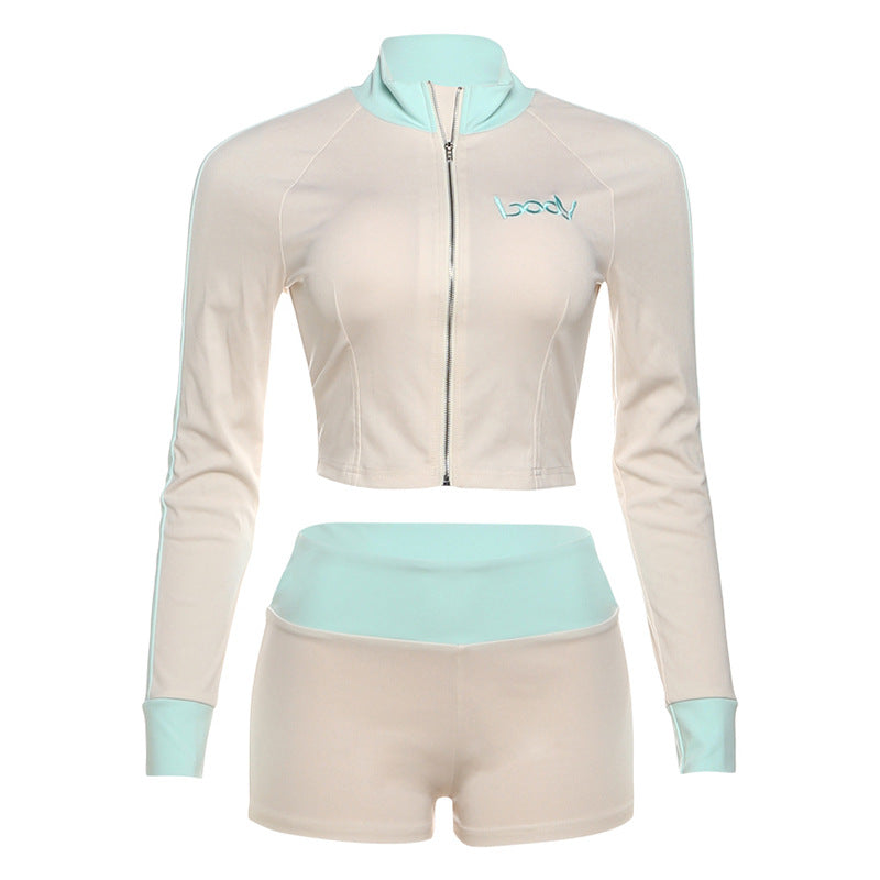 Fashionable Stand Collar Letter Embroidery Zipper Tracksuit Shorts Set for Women Green eprolo