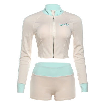 Fashionable Stand Collar Letter Embroidery Zipper Tracksuit Shorts Set for Women Green eprolo