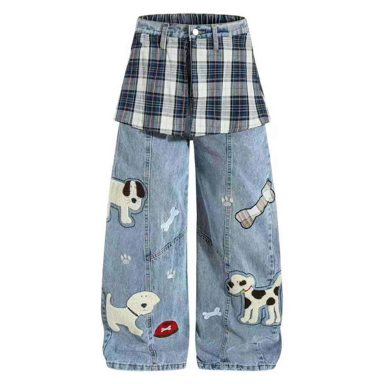 Cartoon towel embroidered puppy patchwork curtain jeans for women | MuddyStock Originals Blue