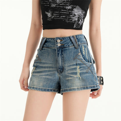 High-Waisted Distressed Denim Shorts for Women Arrival Elastic Outerwear Slimming A-Line Mini Skirt Hot Pants Retro Blue