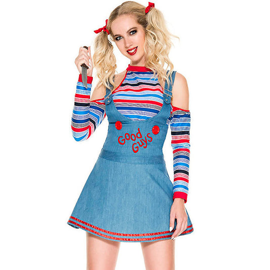 Cosplay Scary Doll Possession Outfit for Women for Halloween Blue