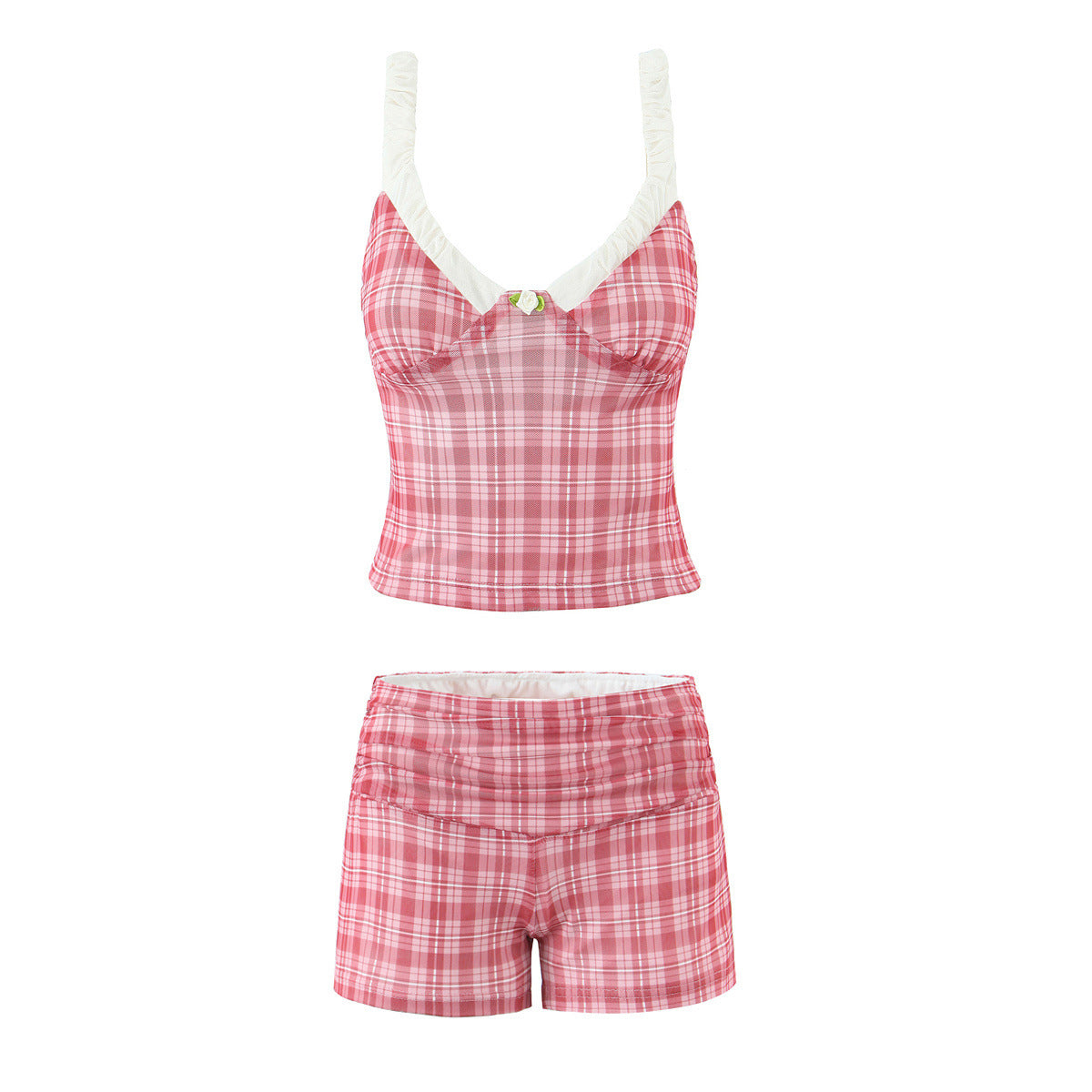 Pink plaid patchwork V-neck small tank top for women+high waisted slim fit sexy shorts two-piece set Two-piece Set