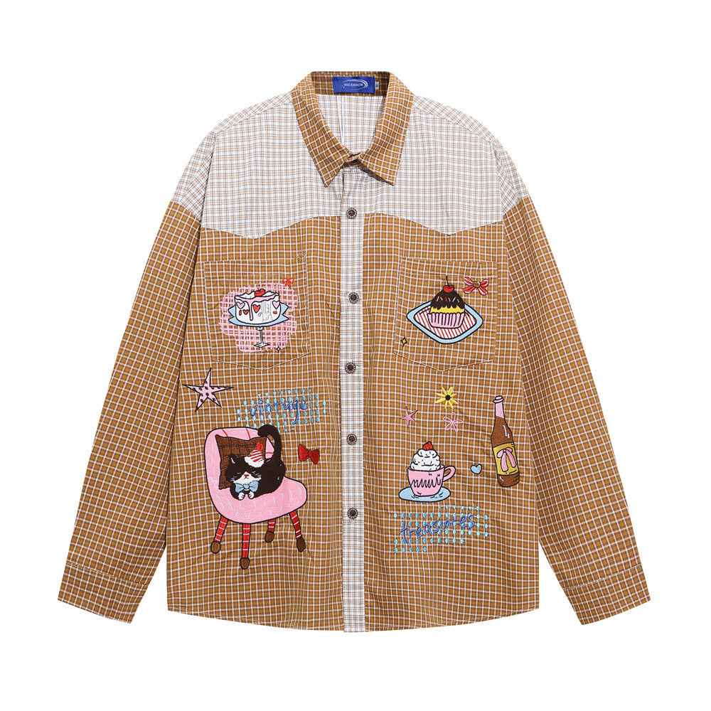 Cartoon embroidery color blocked checkered long sleeved shirt for women | MuddyStock Originals