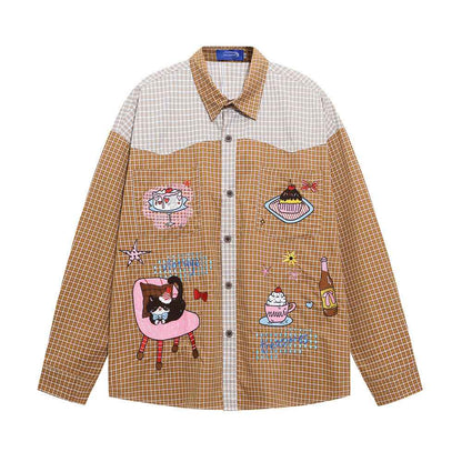 Cartoon embroidery color blocked checkered long sleeved shirt for women | MuddyStock Originals