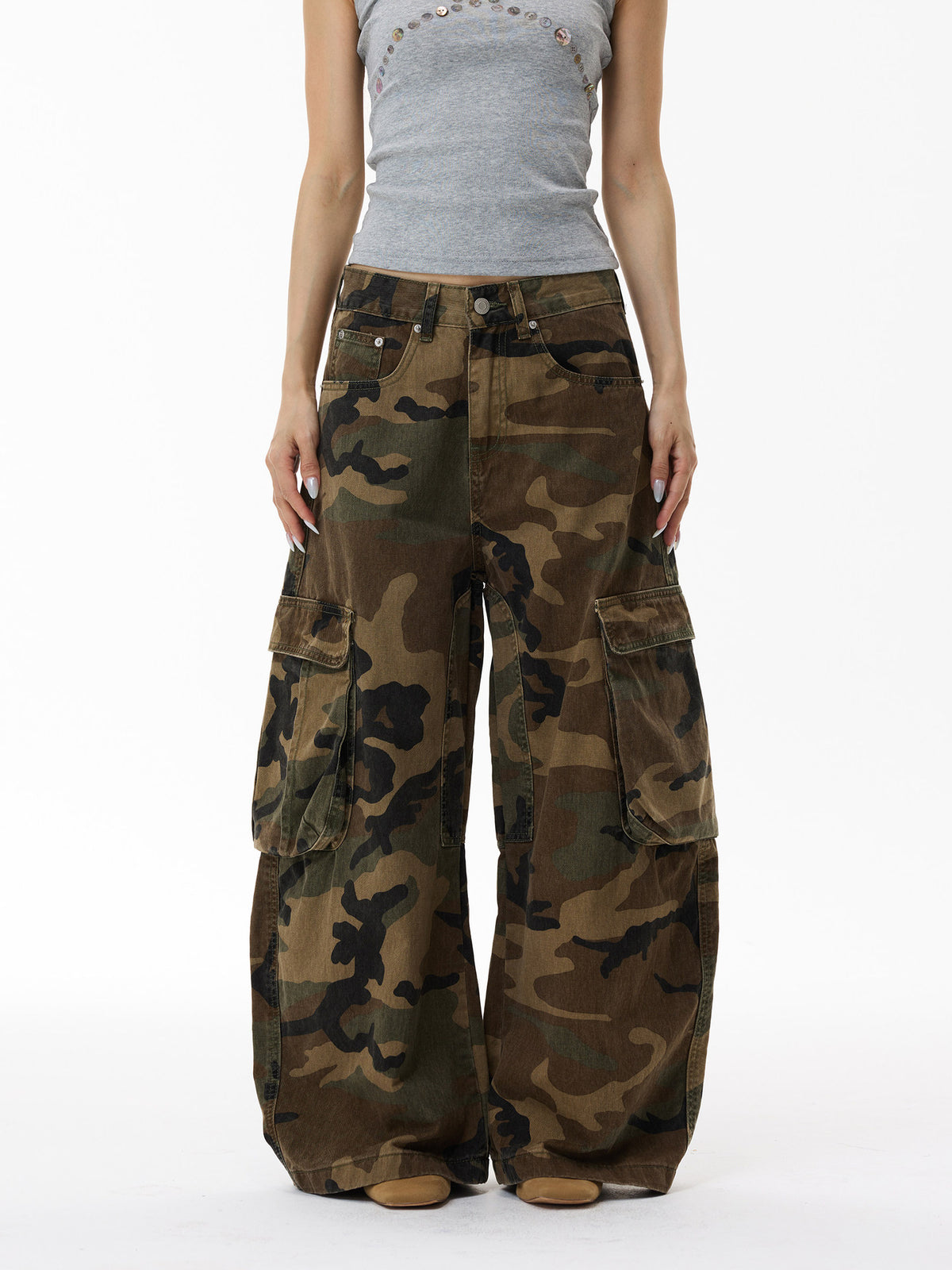 Vintage Street Washed Pocket Knife Camouflage Cargo Pants Men's INS Fashion Wide Leg Jeans Long Pants Camouflage