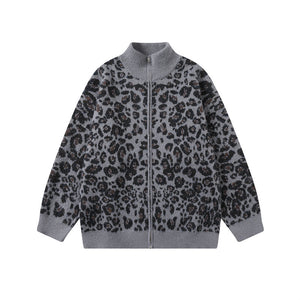 Leopard print stand up collar women's knitted jacket | MuddyStock Originals Gray