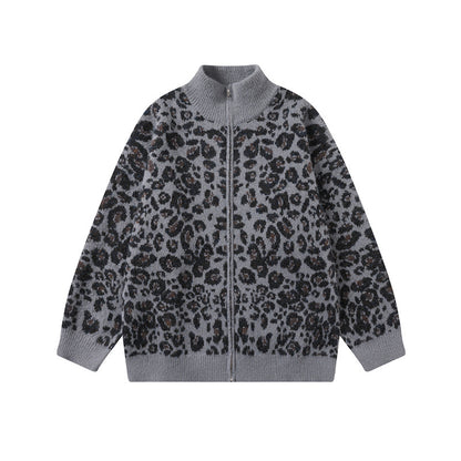 Leopard print stand up collar cardigan men's and women's knitted jacket Gray