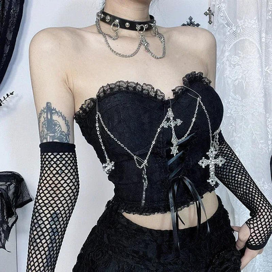 Crop Top Gothic Cross Chain Halter Strap Women's Backless Top | MuddyStock Originals