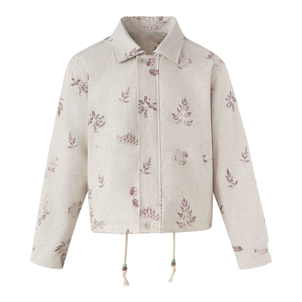 Plant Print Drawstring Closure Lapel Collar Cropped Jacket For Women