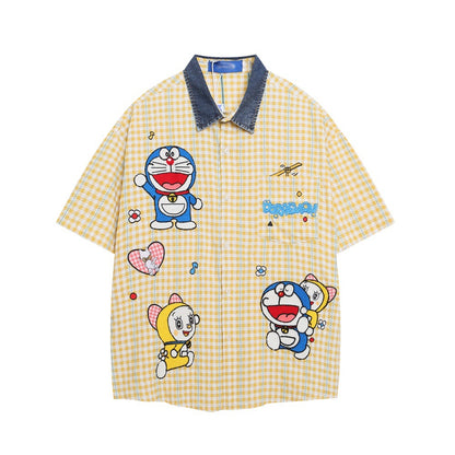 Cartoon Doraemon Plaid Short Sleeve Shirt For Women | MuddyStock Originals Yellow eprolo