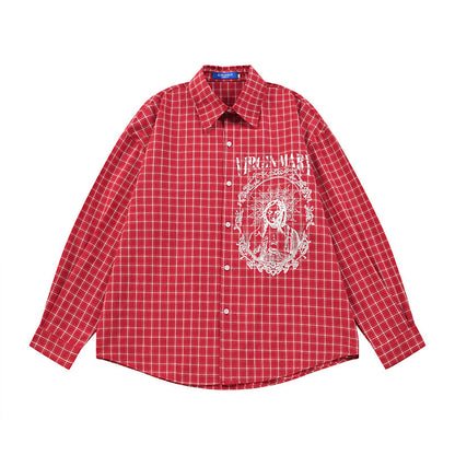 Men's Hip-hop Portrait Plaid Long Sleeve Turn-down Collar Shirt