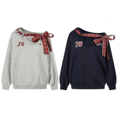 Slanted shoulder red checkered bow tied Sweatshirt For Women | MuddyStock Originals MuddyStock